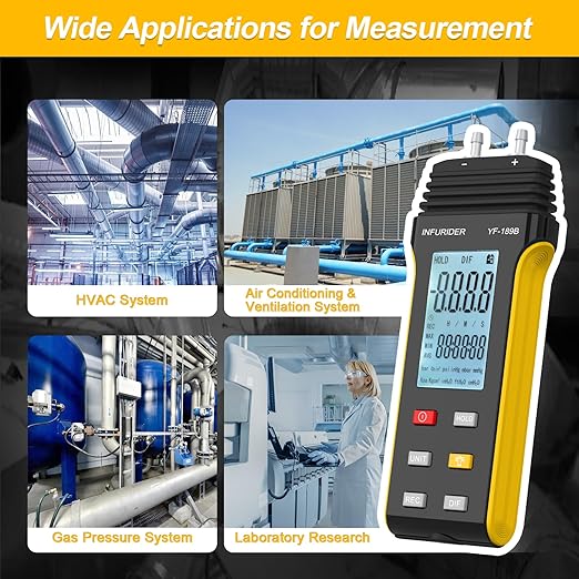 Manometer, HVAC Digital Manometer Gas Pressure Tester, Handheld Air Pressure Meter, 11 Optional Units Differential Pressure Gauge YF-189B with Backlight, Data Hold Function