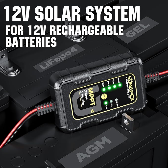 SUNAPEX 12V MPPT Solar Charge Controller, Solar Panel Regulator with SAE Connectors, Compatible with SUNAPEX 15W, 25W, 50W Solar Panels, or Other Solar Panels Within 50W, for Gel, AGM,LiFePO₄Battery