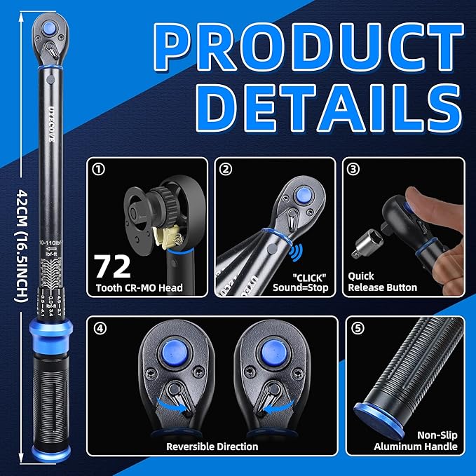 3/8-Inch Drive Click Torque Wrench, Dual-Direction Click Professional Torque Wrench 10-110FT.LB/13.6-135.6N.M, Dual Range Scales Graduated in FT.LB and N.M, Blue