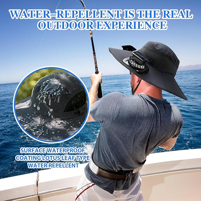Solar Fan Hat, Wide Brim Sun Hat with 2 Solar Fan, Hat with Solar Fans Built in, Fishing Hat with Fan for Men, Waterproof Outdoor Hiking Camping Fishing Hat Grey