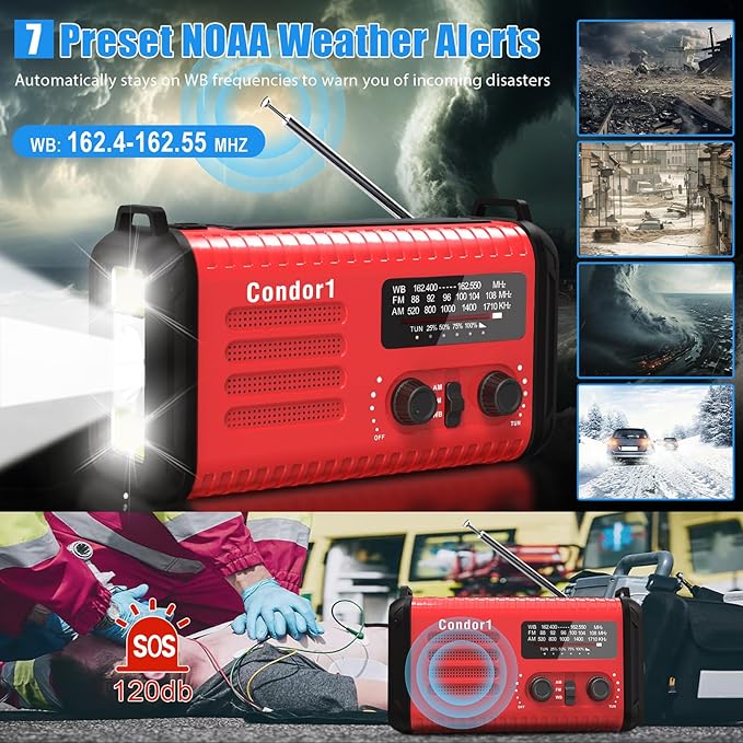 AM FM NOAA Portable Emergency Radio，USB-C/Solar/Hand Crank Charging, Strong Reception & Sound, Large Dial Easy to Use,Alert, Flashlight, Reading Lamp, Cell Phone Charger and SOS Siren