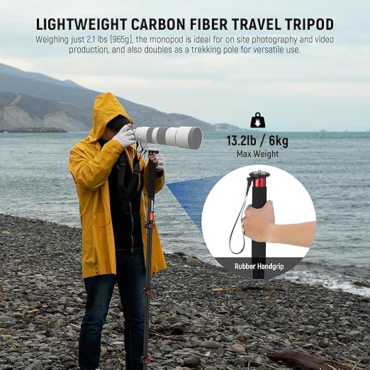 NEEWER 67.7" Camera Monopod Stand, Lightweight Carbon Fiber Travel Tripod with Detachable Base for DSLR Camcorder Video Recording, Telescopic Selfie Stick Trekking Pole, Max Load 13.2lb, TP71