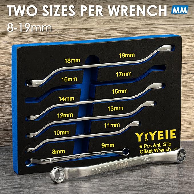 6 Pc. Bolt Extractor Wrench Set, Metric 8-19mm, 6 Point Box End Wrench Set with 45° Offset, CR-V Steel, Stripped & Rounded Bolt Remover Wrench with EVA Foam
