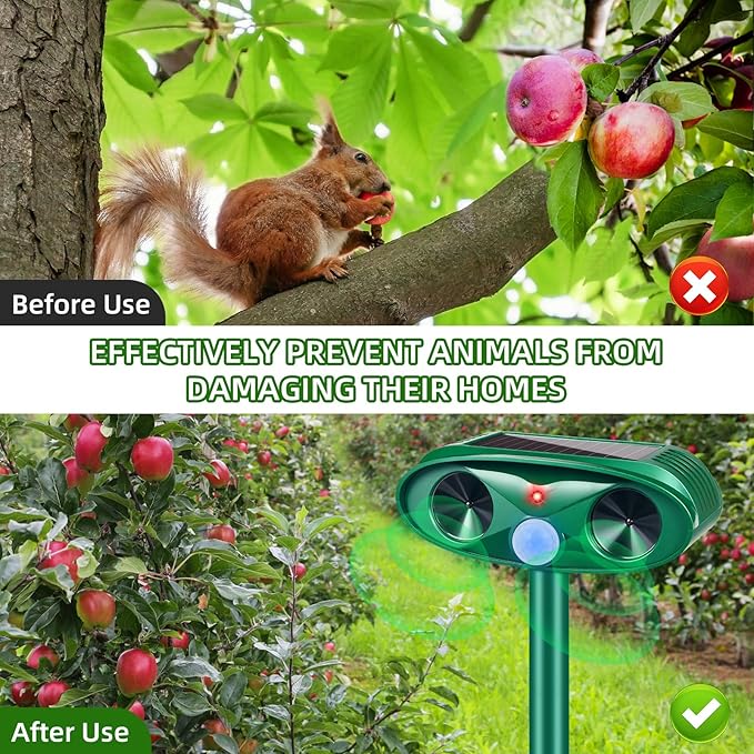 2 Pack Solar Ultrasonic Animal Repeller Outdoor Deer Repellent Devices Motion Activated Cat Deterrent for Yard Garden IP65 Waterproof Ultrasonic Pest Repellent for Squirrel Raccoon Dog Skunk Rabbit