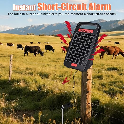 Short-Circuit Alarm 5Miles Solar Electric Fence Charger with Solar Panel,0.11J Solar Powered Fence Charger 24-Hour Protection,14-Day Continuous Protection for Livestock Without Sunlight,Easy Install