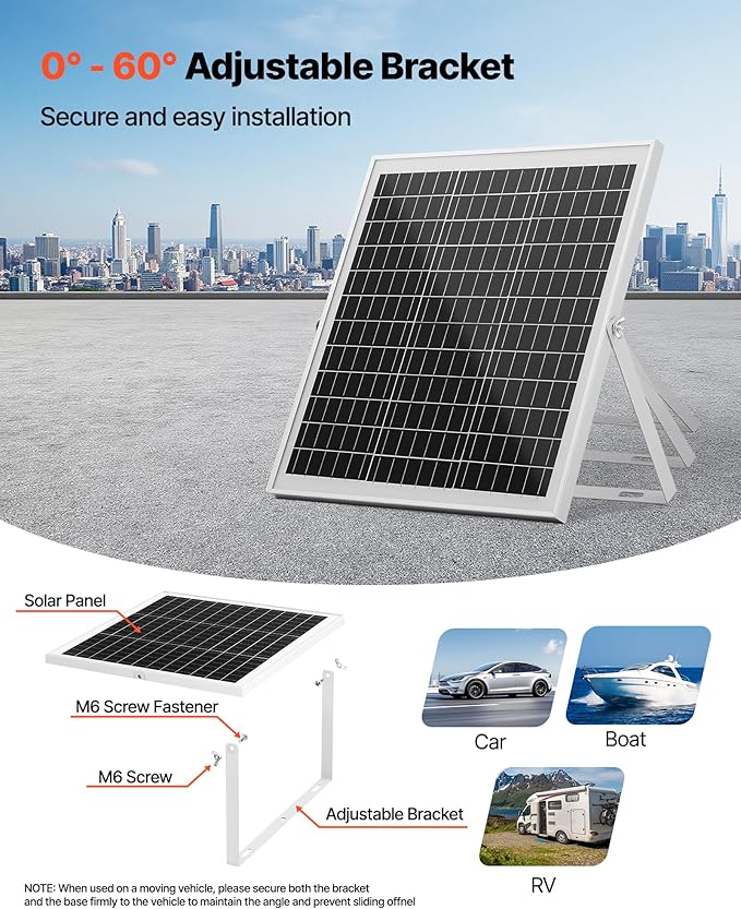 VEVOR 20W 12V Solar Panel Battery Charger, Solar Battery Trickle Charger Maintainer with Intelligent MPPT Controller & Adjustable Mount Bracket, IP67 Waterproof for Car Boat RV Motorcycle Trailer