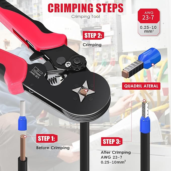 Wire Crimper Tool,Ferrule Crimping Tool Kit, Square Crimping Tools, AWG 23-7 Self-adjustable Ratchet Wire Crimping Tool Kit Crimper Plier Set with 1200PCS Wire Connectors
