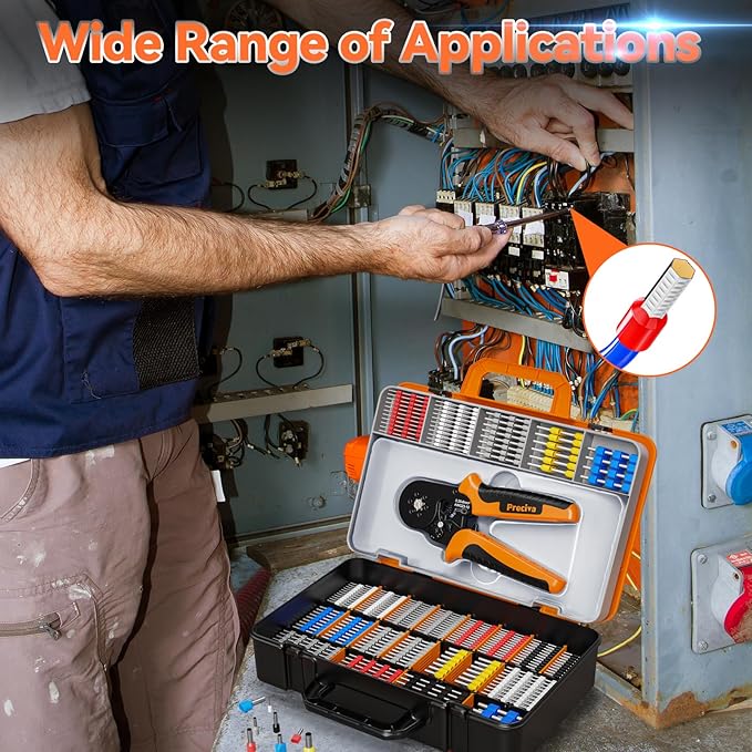 Preciva Ferrule Crimping Tool Kit, Hexagonal Ferrule Crimper AWG23-10/0.25-6mm² with 19 Sizes Wire Connectors, Self-Adjustable Ratchet Wire Crimping Pliers
