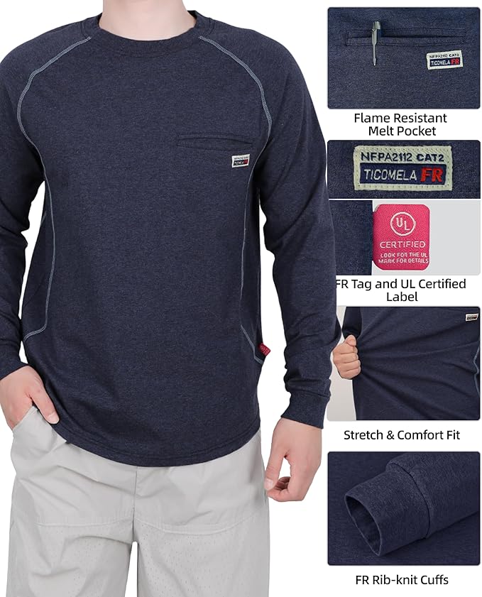 TICOMELA FR T-Shirt, Flame Resistant, Stretch Fit, Hidden Pocket, 6oz Crew Neck Work Shirt for Men 100% Cotton