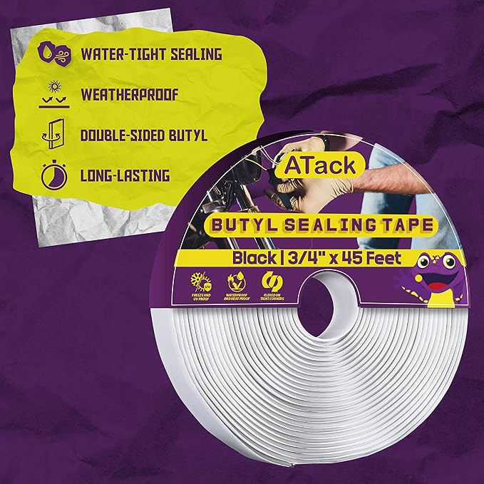 ATack Black Butyl Seal Tape 1/8-Inch x 3/4-Inch x 45-Foot Camper and RV Butyl Putty Tape for RV Repair, Boat Sealing, Windshield, Window, Sunroof, Headlight Sealing, Glass, EDPM Rubber Roof Patching