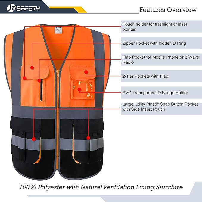 JKSafety 7 Pockets High Visibility Zipper Front Safety Vest With Reflective Strips.Meets ANSI/ISEA Standards (130-Orange-Black L)