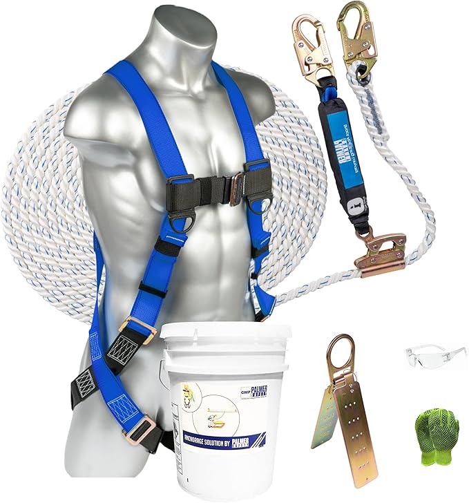 Palmer Safety Fall Protection Roofing Bucket Kit I Full-Body Harness, 50' Vertical Rope & Anchor Set I Safety Harness Kit