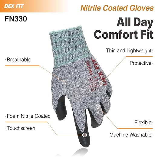DEX FIT Nitrile Work Gloves FN330, 3 Pairs, 3D-Comfort Stretchy Fit, Firm Grip, Thin & Lightweight, Touch-Screen Compatible, Durable, Breathable & Cool, Machine Washable; Grey M (8)