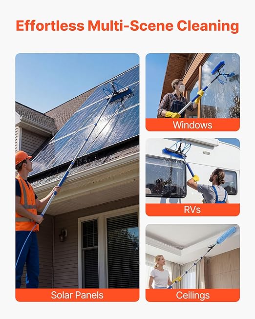 VEVOR Solar Panel Cleaning Kit, 15 ft, Water Fed Pole Kit with Cleaning Brush, Squeegee, Soap Dispenser, Extendable Aluminum Telescopic Pole, 180° Rotatable Brush Head, for Roof Mounted Solar Panels