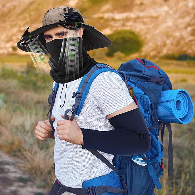 Syhood Solar Powered Fan Hat with Arm Sleeves Neck Gaiter for Men Women Outdoor Wide Brim Bucket Hat with Fan for Hiking