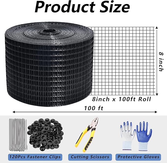 8in X 100ft Critter Guard for Solar Panels, 1/2inch PVC Coated Solar Panel Guard, Critter Guard Roll Kit for Solar Panel Wire Mesh, Black Pigeon Barrier with 120pcs Fasteners, Cutting Scissor, Gloves
