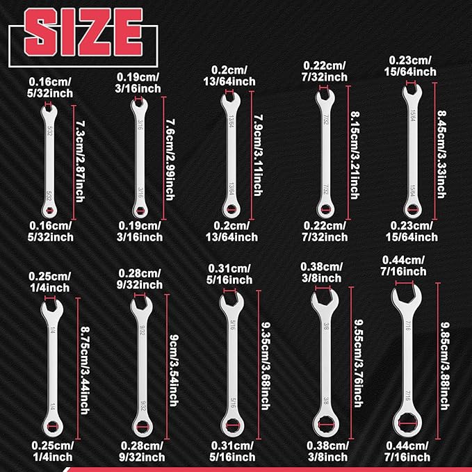 10Pcs Ultra-Thin Standard SAE 5/32"-7/16" Mini Wrench Set Stainless Steel Combination Wrenches Open End and Box End Combination Wrench Ignition Wrenches with Circle Ring,Gate Clip in Pouch