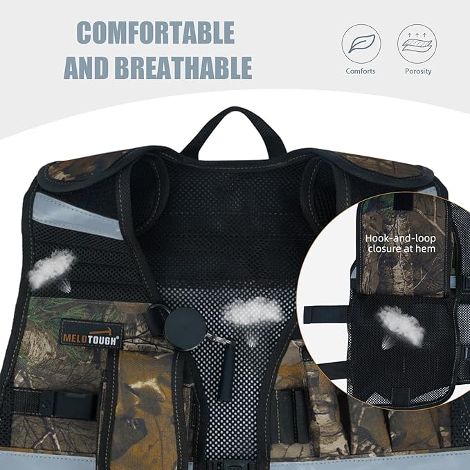 MELOTOUGH Tool Vest for Men Reflective Safety Tool Vest with Adjustable Straps,Removable Phone Holder for Electrical,Carpenters,Construction(Camo)