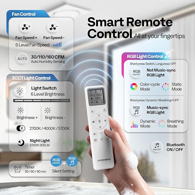 VIVOHOME Bathroom Exhaust Fan with RGB Light & Humidity Sensor (160-110-30CFM) & Bluetooth Speaker - 2700K/4000K/5700K LED Light, EC Motor Retrofit Bath Fan, No Attic Access Needed