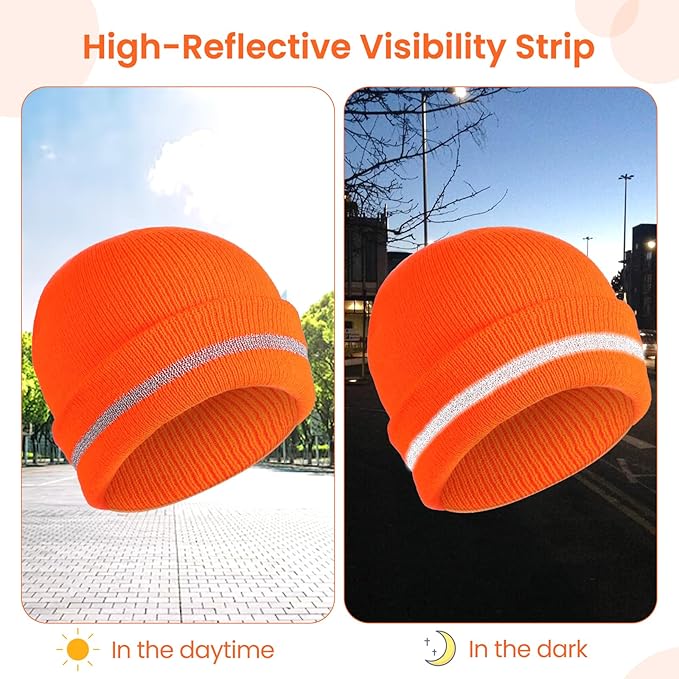 2Pcs Reflective Orange Beanie Unisex, Reflective Winter Hat for Work Running, Safety Beanies Hats Men, Warm and Cozy Knit Cap Headwear