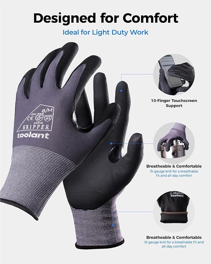 toolant 6/12 Pairs MicroFoam Nitrile Coated Safety Work Gloves, Breathable Nylon Working Gloves Men with Grip,Touchsreen