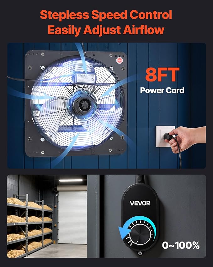 VEVOR 20'' Exhaust Fan, Wall Mounted Attic Fan with Variable Speed controller, 3000 CFM, Automatic Shutter, Ventilation and Cooling, Black