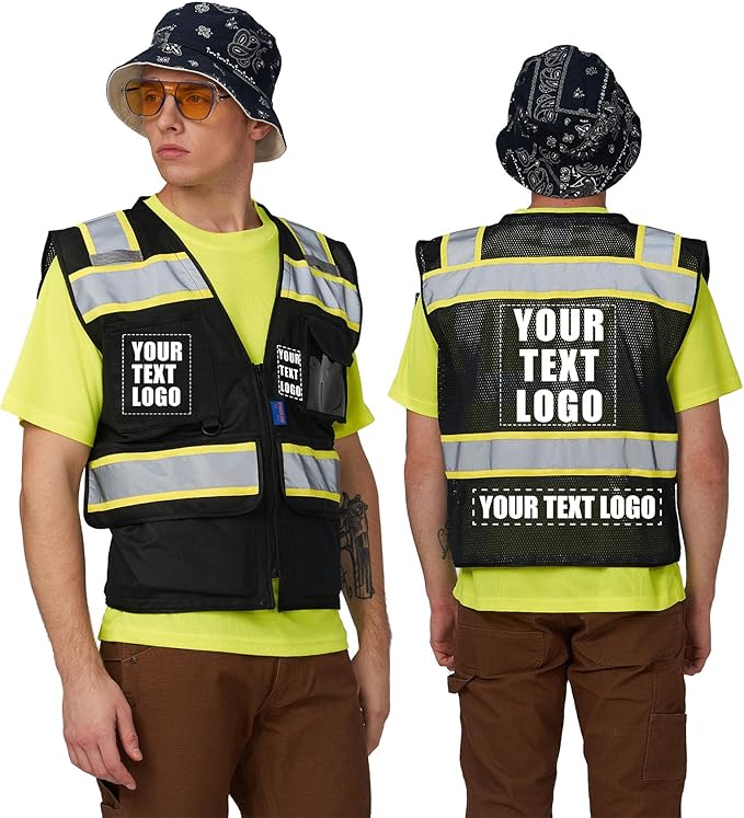 A-SAFETY High Vis Reflective Safety Vest for Men Women Zipper Ipad Pockets Mesh Construction Apparel Neon Vest for Work
