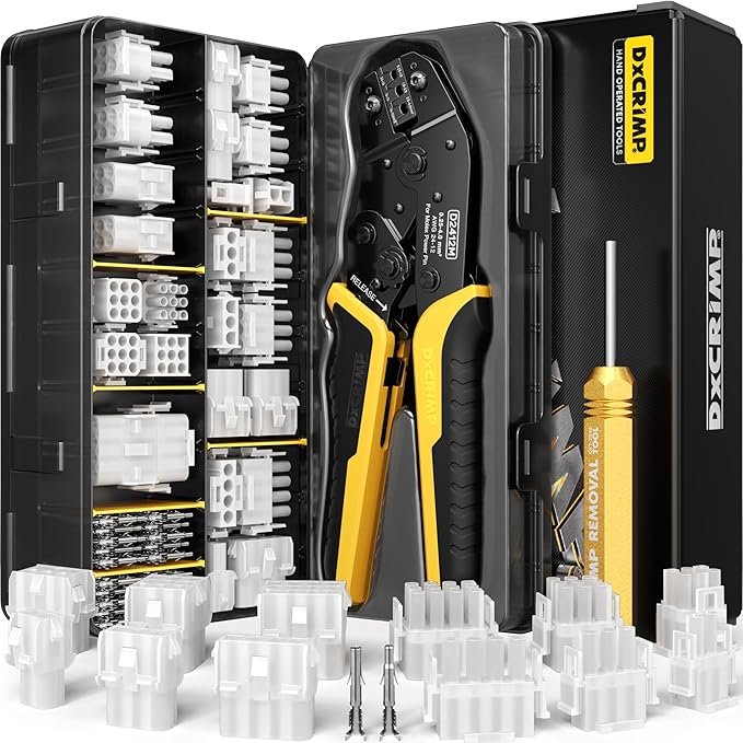 MLX .084" (6.35mm) Connector Crimping Tool Kit with Pin Extractor, 2/3/4/6/9/12 Pin Plug & Receptacle, 14-22 AWG Power Wire Connectors for Arcade/Auto, Compatible with Molex MLX