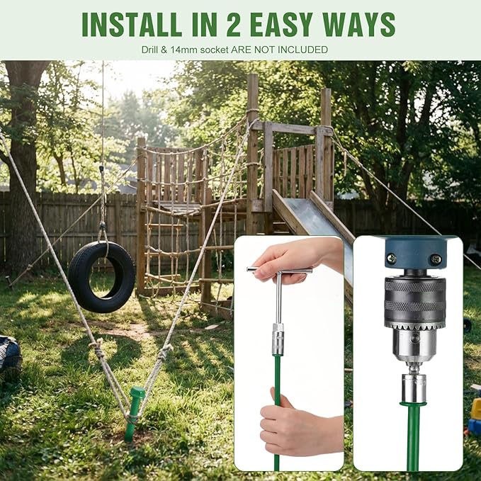 Hiboom 4 Pcs Ground Anchors with T Handle Hex Wrench Trampoline Hook, Ground Anchor Screw in Kit, Inflatable Outdoor Decorations Accessories for Camping Tents Car Ports Canopies (Green,8 Inch)