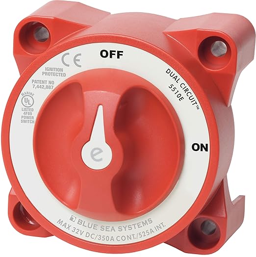 Blue Sea Systems 5510E e-Series Compact Dual Circuit Battery Switch, 32V DC, 350A, Red