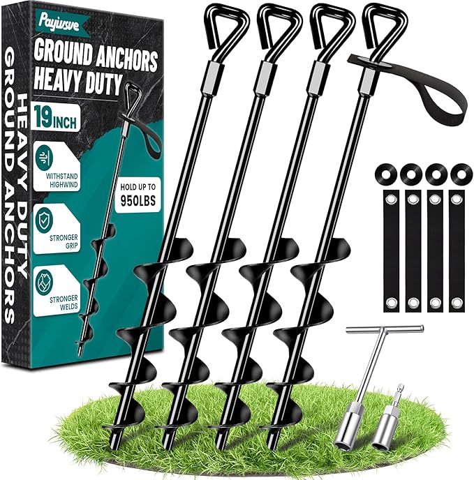 19-Inch Ground Anchors Heavy Duty, Trampoline Stakes Anchors Screw-in for High Wind, Earth Anchor with Strong Straps for Swing Sets, Trampolines, Mobile Home, Sheds, Carports(4x19in)