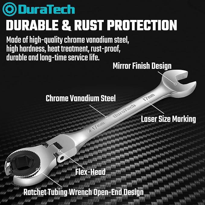 DURATECH 6-Piece Ratcheting Wrench Set with Open Flex-head, Metric Ratcheting Tubing Wrench Set, 10-17mm, 72-Tooth Gear, CR-V Steel, with Organizer Bag, Gifts for Men