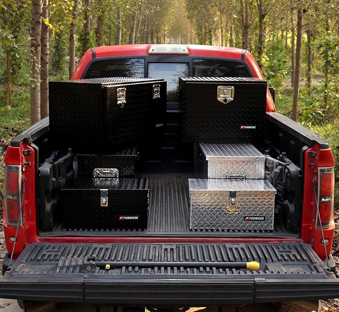 FORWODE 39 Inch Aluminum Truck Tool Box Lockable Truck Bed Tool Box Waterproof Truck Bed Storage Box with Gas Struts & Side Handle Truck Tool Chest for Pickup, Truck Bed, RV, Trailer&Garage (Silver)
