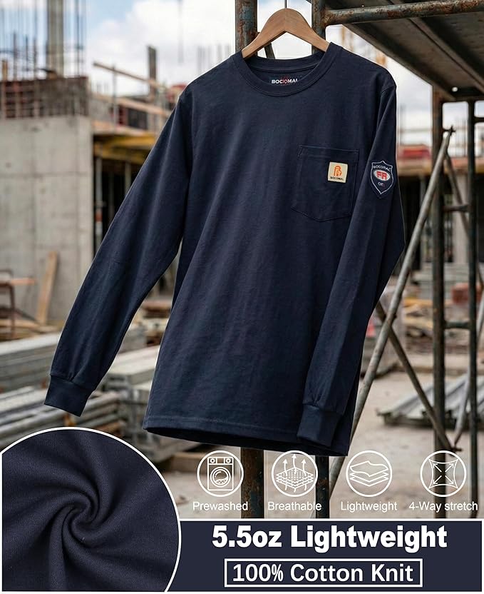 BOCOMAL FR Shirts Lightweight Classic Crew Long Sleeve Fire Resistant Shirt CAT2