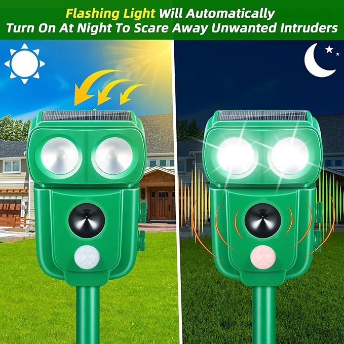 2026 Upgraded Solar Ultrasonic Animal Repellent Outdoor, Raccoon Fortress Pro with Motion Sensor & LED Flashing Light, Waterproof Cat Repellent Outdoor, Deer Deterrent for Yard Garden Orchard 2 Pack