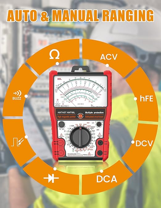 Analog Multimeter Tester Portable Multi Meter Multi Testers for Electrical Applications Pointer Multimeter Measures Voltage, Current, Resistance, Diode and hFE (Model AMT88L)