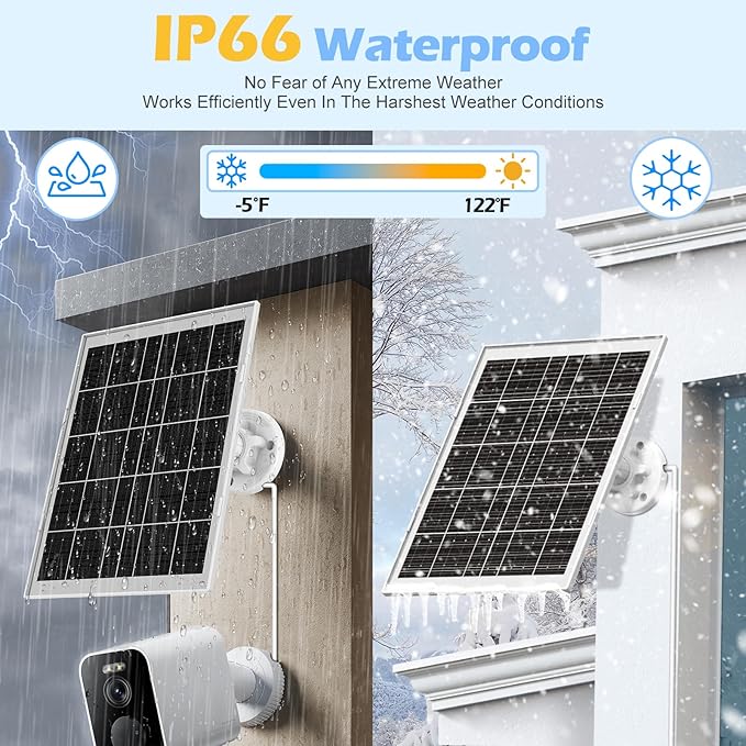8W Solar Panel for Security Camera, Charger With Micro USB, USB-C & DC Port, IP65 Waterproof, 9.8Ft Charging Cable, Suitable for Rechargeable Battery Cameras
