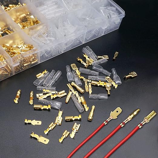 Twidec/640Pcs 2.8/4.8/6.3mm Quick Splice Male and Female Wire Spade Connector Crimp Terminal & Bullet Connectors Terminals Crimp Block Kit Golden with Insulating Sleeve Wiring Car Speaker N-001