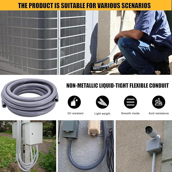 1/2 inch 150 Foot Liquid-Tight Conduit and Connector Kit, Flexible Non Metallic Electrical Conduit, With 10 Straight and 10 Angle Fittings and Pipe Strap
