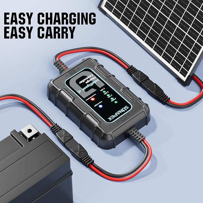 Sunapex Solar Charger Controller 12V: 10A PWM Intelligent Solar Panel Controller 12Volt with LED Display - Waterproof Smart Regulator for RV Boat Car Battery - Tailored AGM Gel LiFePO4 Battery Charger