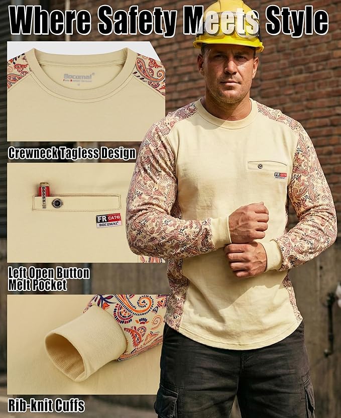 BOCOMAL FR Shirts Crewneck 5.5oz Lightweight Cotton Paisley Camo Two-Tone Flame Resistant Long Sleeve CAT2 Work Shirt