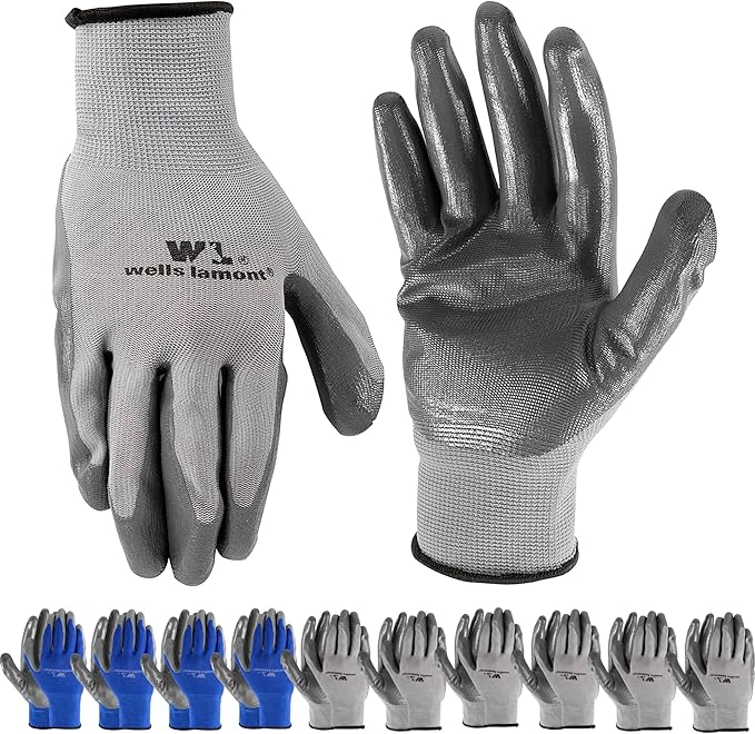 Wells Lamont Pack Nitrile Work Gloves | Lightweight, Abrasion Resistant, Blue/Grey | Large