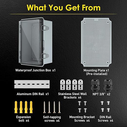Waterproof Electrical Junction Box, IP67 ABS Plastic Junction Box Enclosure with Aluminum DIN Rail, Mounting Plate, Wall Brackets for WiFi Electronics Project, Clear (11.4"×7.5"×5.5")