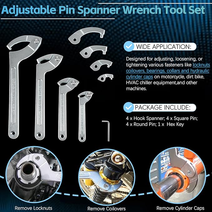 Sunluway Adjustable Pin Spanner Wrench Tool Set, 9 Pack C Spanner Nut Wrench Tools with Changeable Heads, Coilover Hook Wrenches for Suspension System Collar, Nut Adjustment, 3/4" to 6-7/10"