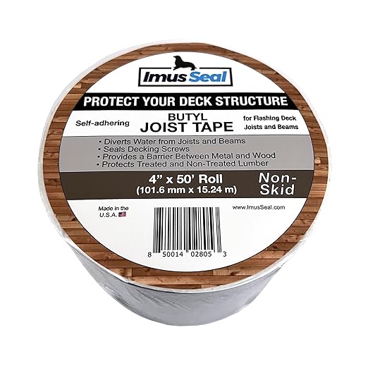 Imus Seal® Butyl Joist Tape for Flashing Deck Joists and Beams, UV Resistant, Level Decking™, Protect Your Deck Structure™, Made in USA (4” x 50’ Non-Skid)