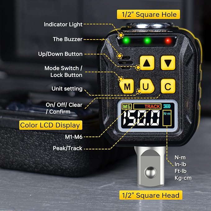 1/2" Digital Torque Adapter, 7.4-147.5 Ft-lb/10-200 Nm, Color LCD, Digital Torque Wrench Adapter with ±2% Accuracy, Torque Wrench Calibration Tool with 3/8'' & 1/4'' Adapters for Car