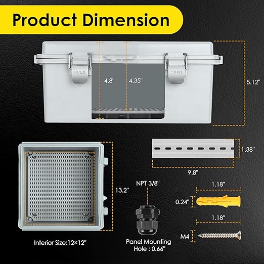 Waterproof Electrical Junction Box, IP67 Plastic Weatherproof Electrical Enclosure with Mounting Plate, Wall Brackets, for WiFi Electronics Project (13"×13"×5")