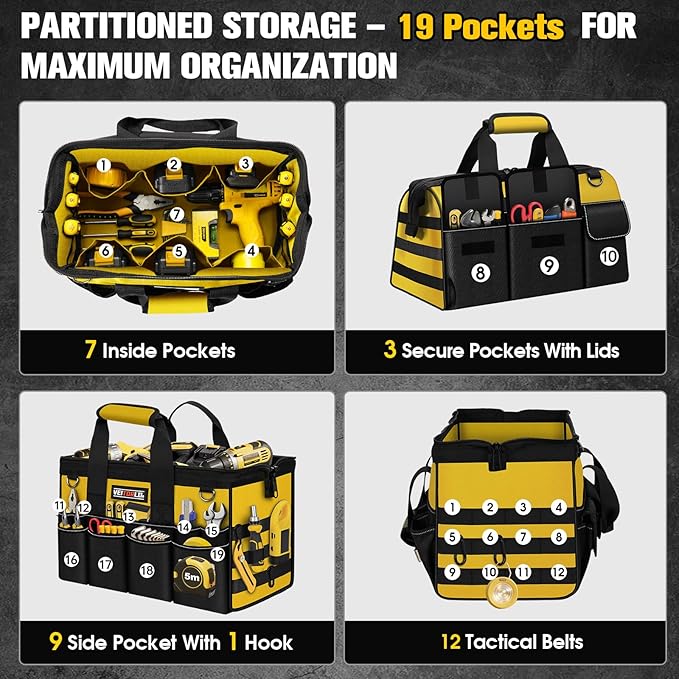 16-Inch Heavy Duty Tool Bag, 19-Pockets Tool Box Organizer, Portable Toolbag W/Soft Handle for Organized Storage, Mechanic Gifts for Men Dad Husband Fathers Day, Wide Mouth Electrician Toolbox, Yellow