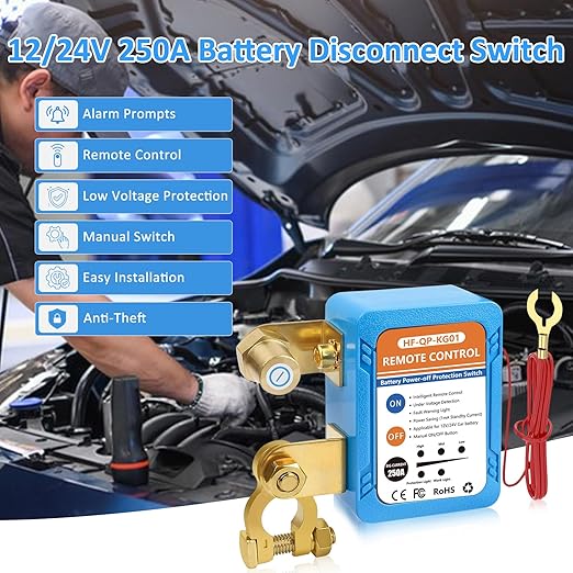 Kill Switch for Car, 12V/24V 250A Remote Battery Disconnect Switch Automatic Battery Shut Off Switch Voltage Protection Remote Control Anti Theft for RV ATV Truck Boat