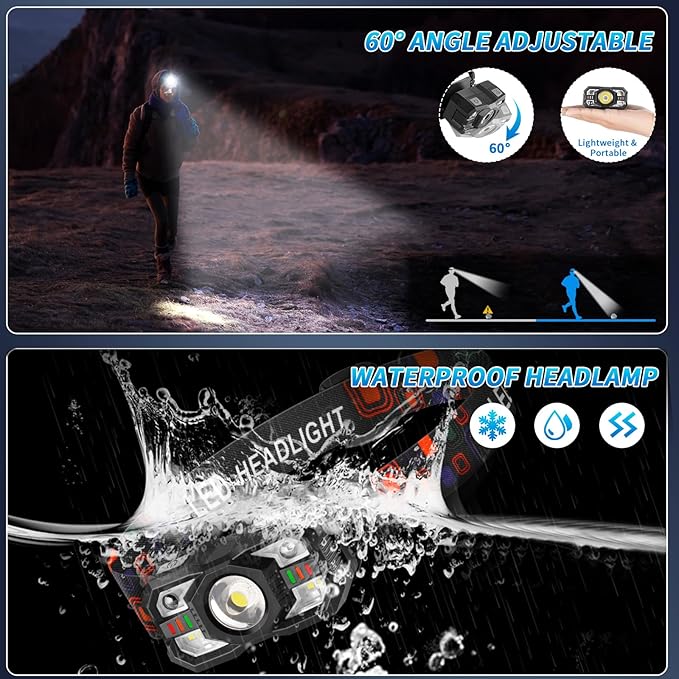 Headlamp Rechargeable, LED Headlamp with Red Light, 2Pack Headlamps for Adults, Head Lamps LED Rechargeable, Headlight Motion Sensor, Head Lights for Forehead Hardhat Running Hunting Camping